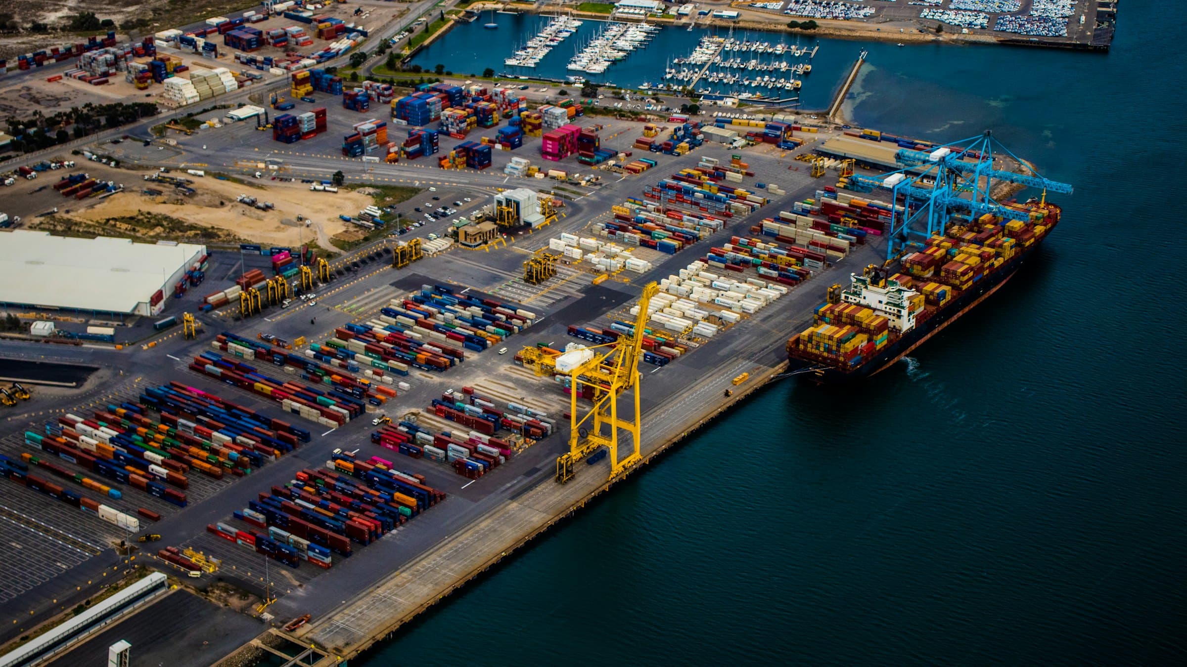 A container port seen from the air at dusk